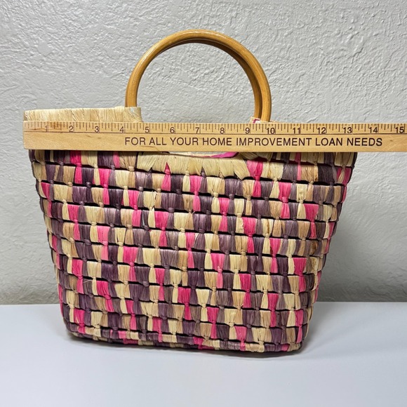 Boho Woven Straw Tote Handbag Wooden Handle Zip Top Summer Beach Resort Festival - Picture 8 of 13